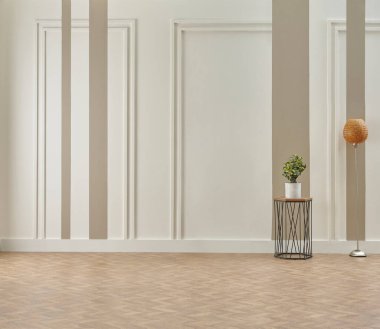 Beyaz ve kahverengi duvar arka plan biçimi, ev dekorasyonu, parke ve tablo biçimi.