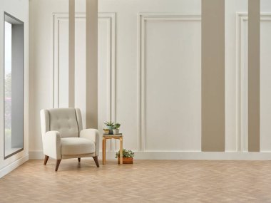 Dekoratif beyaz ve kahverengi duvar arka planı, ev tasarımı, kanepe çalışma masası, kırmızı sandalye, vazo, bitki, kitap aksesuarı, lamba, modern ahşap parkede orta masa.