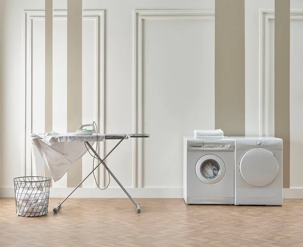 Washing dryer machine and ironing table interior style, laundry room, white and brown vertical wall background.