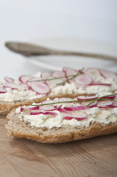 Bread with cream robiola cheese and radishes — Stock Photo, Image