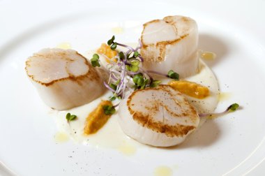 Kremalı patates ve tatlı biber sosu bir yatak üzerinde servis edilen kızartılmış taraklar