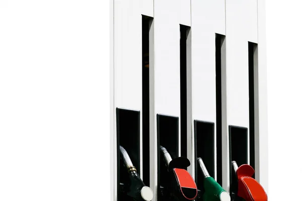 A refueling gun wakes up a gray car at a gas station — Stock Photo, Image