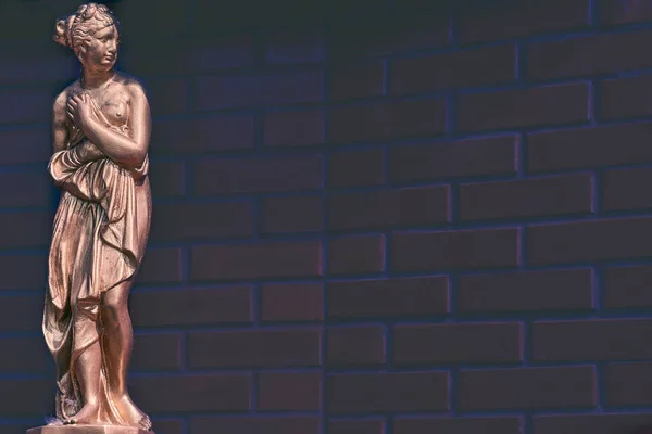 Goldene Bronzestatue einer antiken Frau und Backsteinhintergrund für Text — Stockfoto