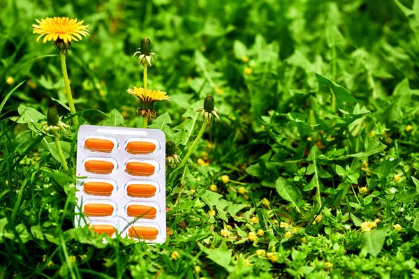 Pillole rosse arancioni in blister su erba verde con denti di leone — Foto Stock