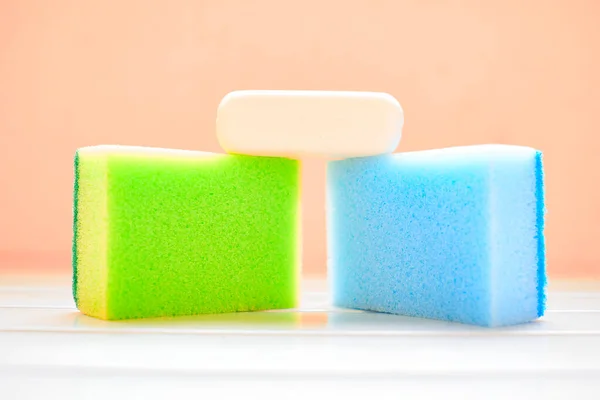 Green blue sponges and white soap for cleaning — 스톡 사진