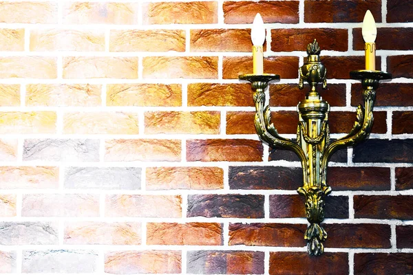 Bronze Golden Candlestick Bright Red Brick Wall Light Space Text — Photo
