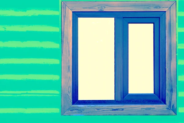 an opening in the wall of a building or vehicle that is fitted with glass or other transparent material in a frame.White window in a wooden blue frame in a wooden wall of green brown logs timbers