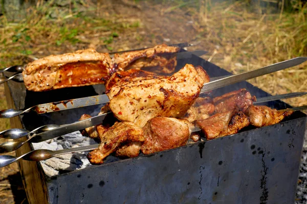 A meal or gathering at which meat, fish, or other food is cooked out of doors on a rack over an open fire or on a portable grill. Tasty piece of beef or pork meat fried over the fire at a picnic.