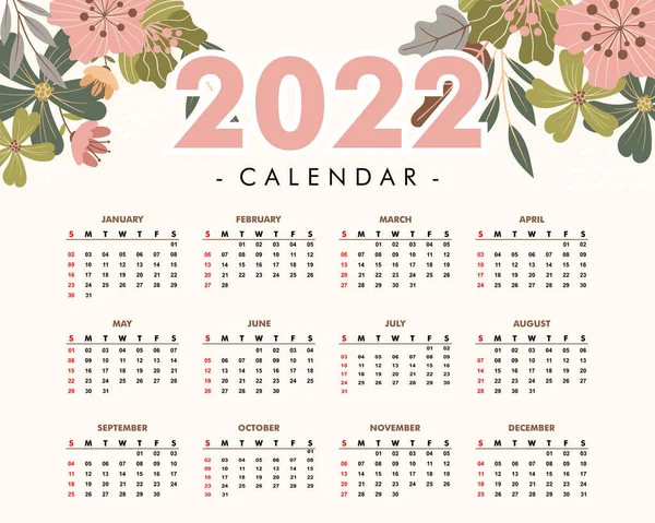 Çiçek dekoratifi 2022 Takvim Şablonu Vektörü