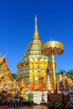 Chiang Mai, Tayland 'daki Phra That Doi Suthep Tapınağı' nda altın pagoda. Chiang Mai 'nin dini bir turistik cazibesi.