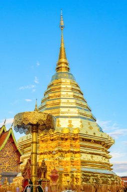 Chiang Mai, Tayland 'daki Phra That Doi Suthep Tapınağı' nda altın pagoda. Chiang Mai 'nin dini bir turistik cazibesi.