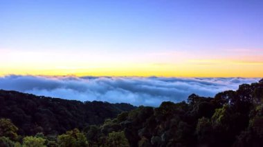 Doi Inthanon Ulusal Parkı 'nda, Chiang Mai Tayland' da hareket eden sislerin zaman aşımına uğraması. Zaman aşımına uğramış doğa manzaraları sabah vakti.