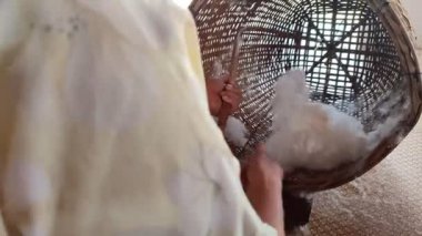 Olgun Asyalı kadınlar Tayland 'da basit bir aletle sepetin içine pamuk dökerler. Yetişkin Asyalı kadın sepete pamuk atıyor.