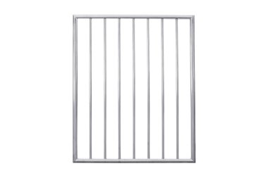 Paslanmaz çelik çit, kesme yolu olan beyaz arkaplanda izole edilmiş.