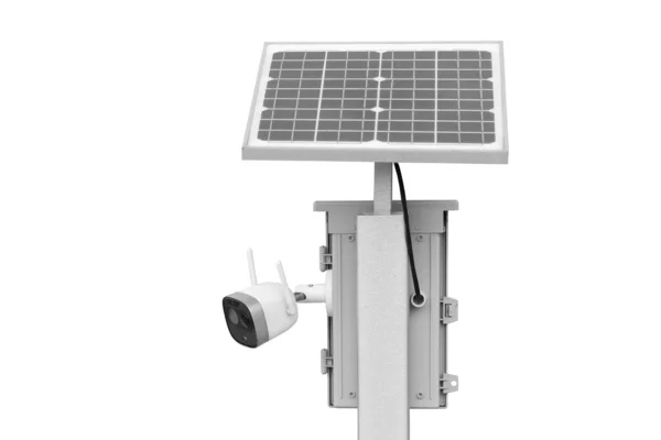 Surveillance Cameras Solar Panel Electrical Power Supplies Isolated White Background — Fotografia de Stock