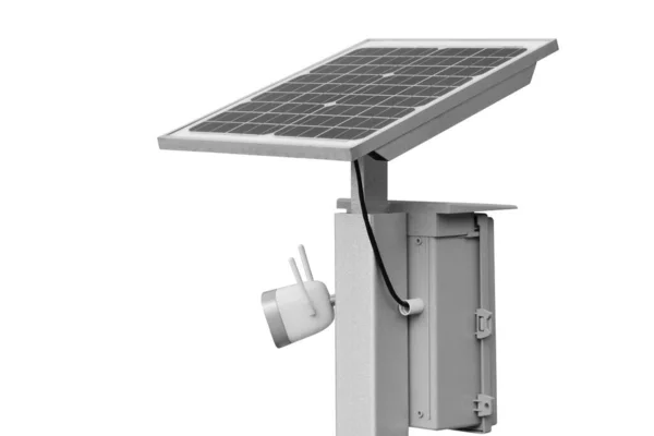 Surveillance Cameras Solar Panel Electrical Power Supplies Isolated White Background - Stock-foto