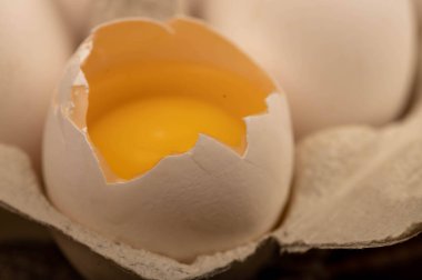 Beyaz tavuk yumurtaları ve beyaz kartondan yapılmış bir tepside kırılmış bir yumurta.