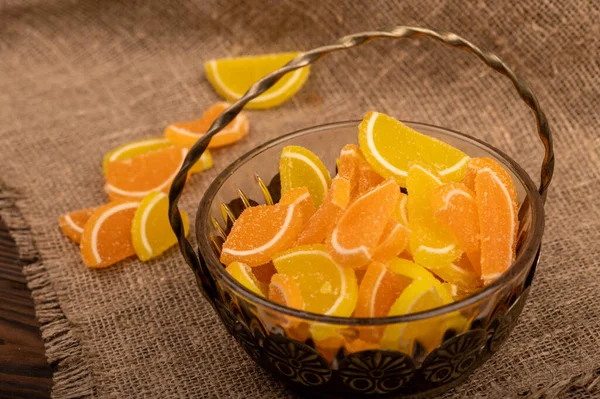 Multi Colored Shaped Marmalade Lemon Slices Vintage Vase Close Selective — Stock Photo, Image