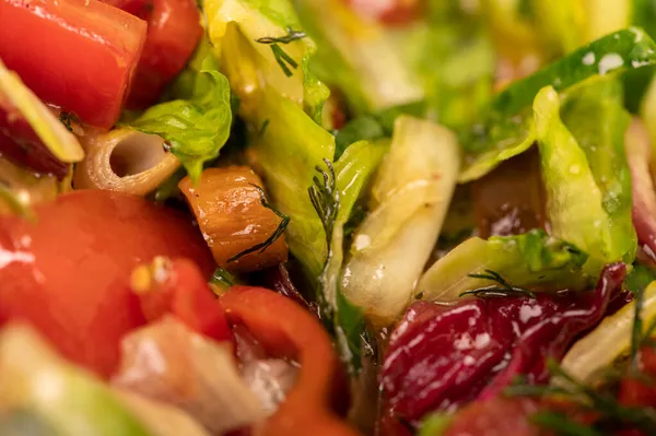 Ensalada Vegetal Tomates Rodajas Pepinos Pimientos Dulces Rábanos Hierbas Primer —  Fotos de Stock