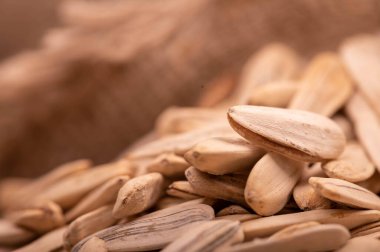 Beyaz ayçiçeği tohumları kaba bir çuval bezinin arka planına saçılmış, yakın çekim seçici odak