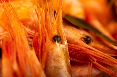 Atlantik karidesi tüm baharat ve defne yaprağıyla pişirilir. Yakın plan, yüzey dokusu.