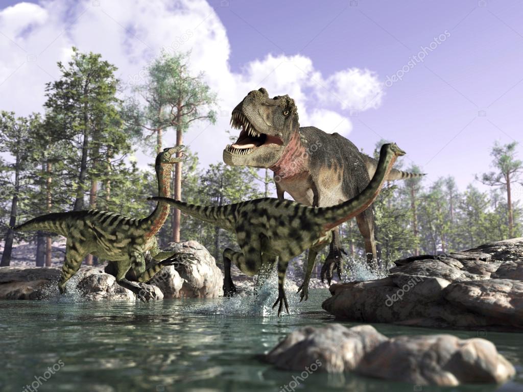 Photorealistic 3 D scene of a Tyrannosaurus Rex, hunting two Gal