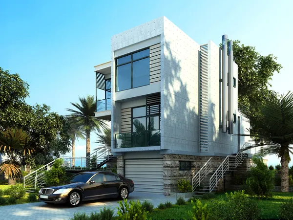 Modern binanın dış Bahçe ve ağaçları ile.