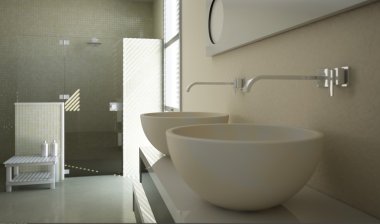 Modern bathroom view with close up on the sinks and a glass shower in the background.