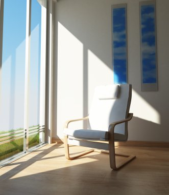 Güneşin büyük bir pencere dışında bir oda köşe koltuk.