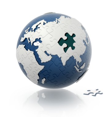 Dünya küre puzzle desen ve yerde tek parça.