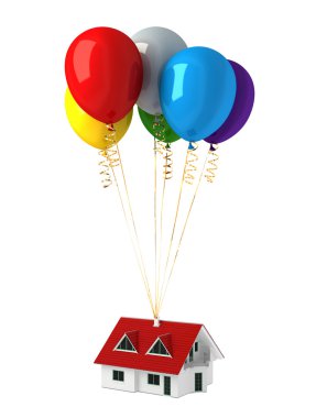 Grup evi havaya kaldırarak çok renkli balon.