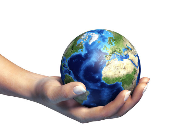 Human hand holding the planet earth, on white background.