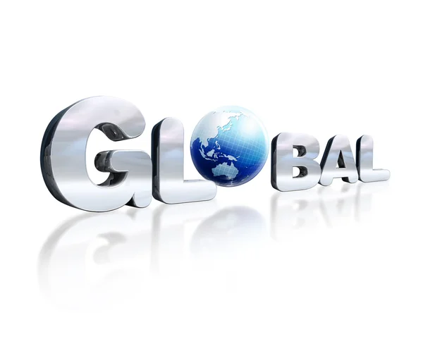 3 D chrome lettering with the word Global and earth globe in pla — Stock Photo, Image