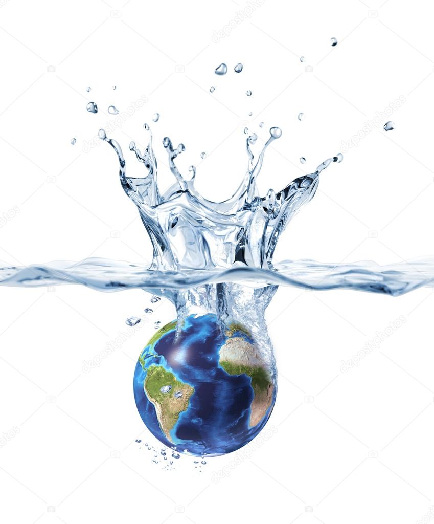 Planet Earth, splashing into clear water.