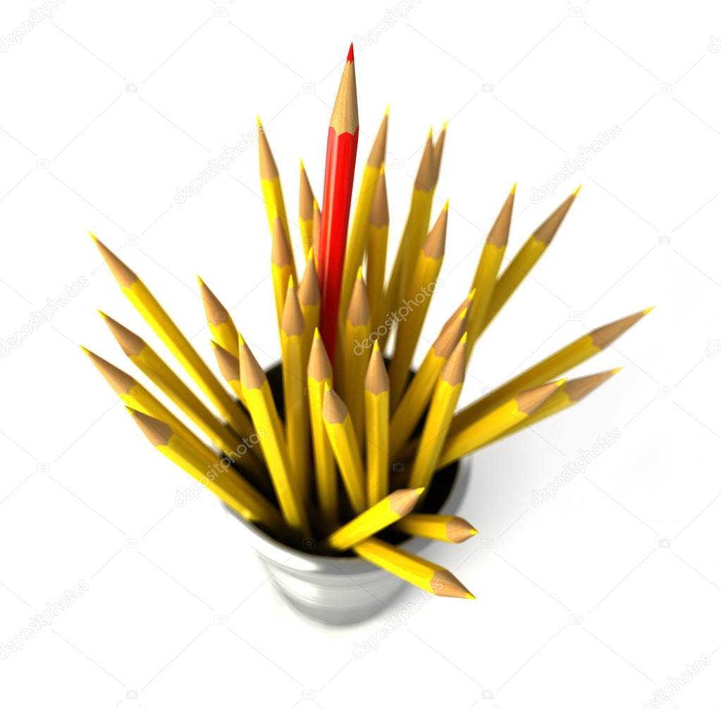 Group of many yellow pencils into a bin, with one red pencil sta
