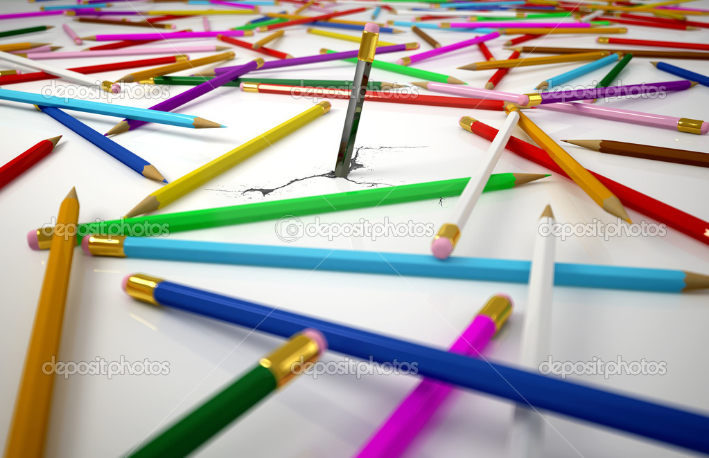 Many colored pensils, spread on urface, with one in the middle,