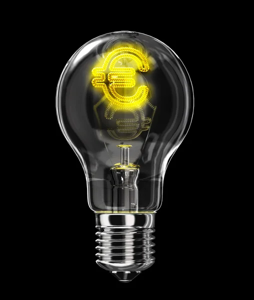 Light bulb with incandescent filament shaped as Euro symbol. — Stock Photo, Image