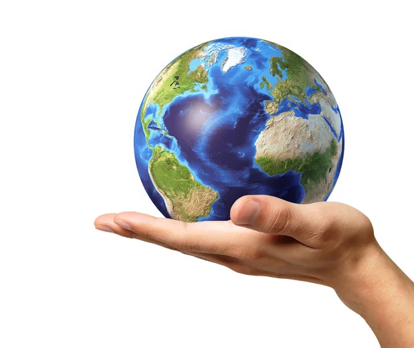 Man hand with earth globe on it. On white background. — Stock Photo, Image