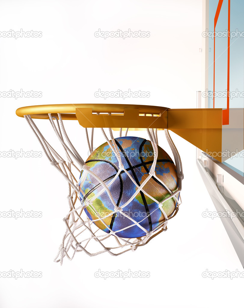 Basket ball with earth globe texture, centering the basket, clos