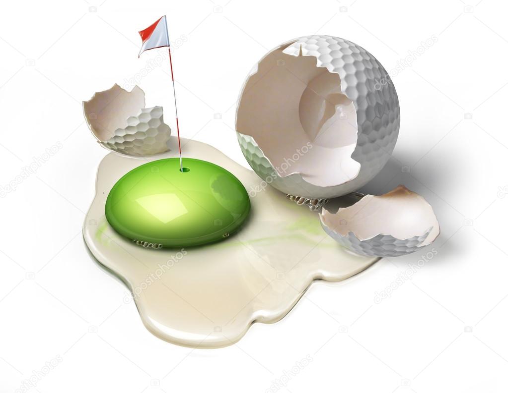 Golf ball as a broken egg with green yolk.