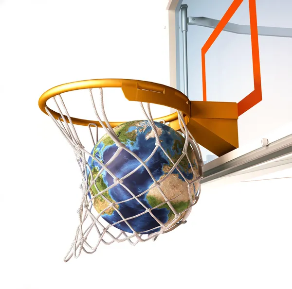Planet earth falling into the basketball basket by a perfect sho — Stock Photo, Image