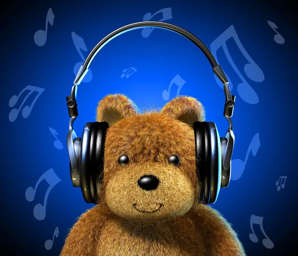 Медвежонок с музыкальными наушниками. Синий фон и ноты . — стоковое фото
