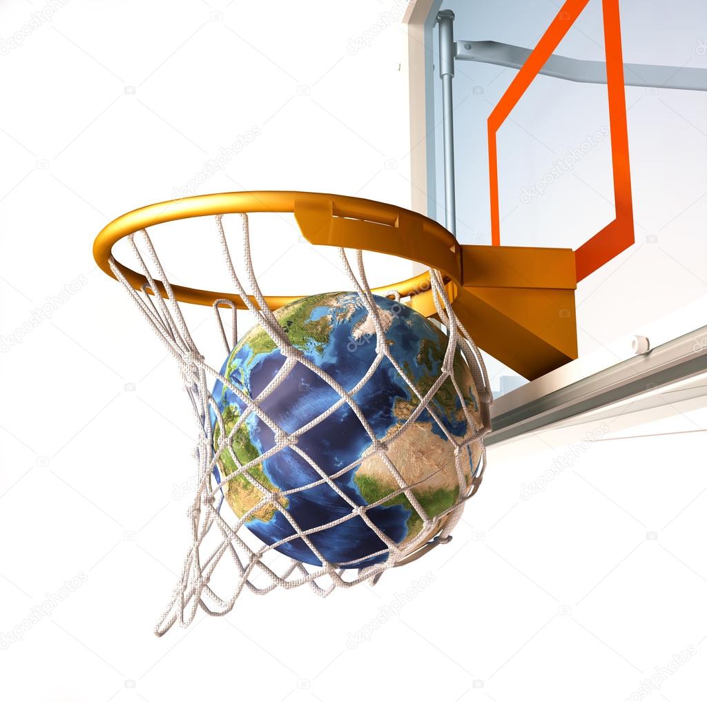Planet earth falling into the basketball basket by a perfect sho