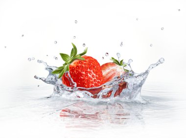 Strawberries falling into clear water, forming a crown splash. clipart