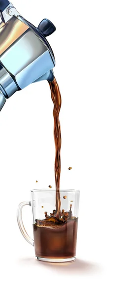 Moka coffee machine pouring coffee into a glass mug splashing. — Stock Photo, Image