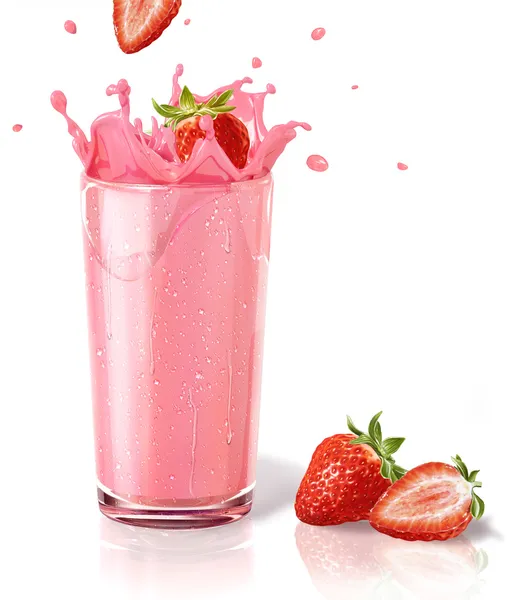 Erdbeeren, die in ein Milchshake-Glas spritzen, mit zwei weiteren — Stockfoto