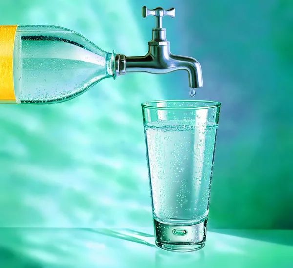 Water bottle with tap and water glass — Stock Photo, Image