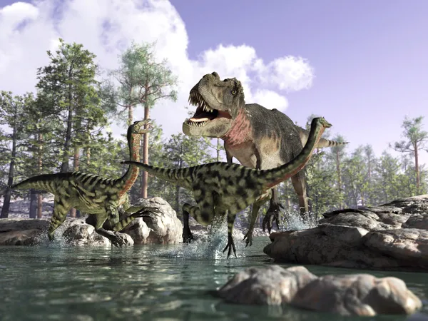 Fotorrealista escena en 3D de un tiranosaurio Rex, cazando a dos Gallimimus — Foto de Stock