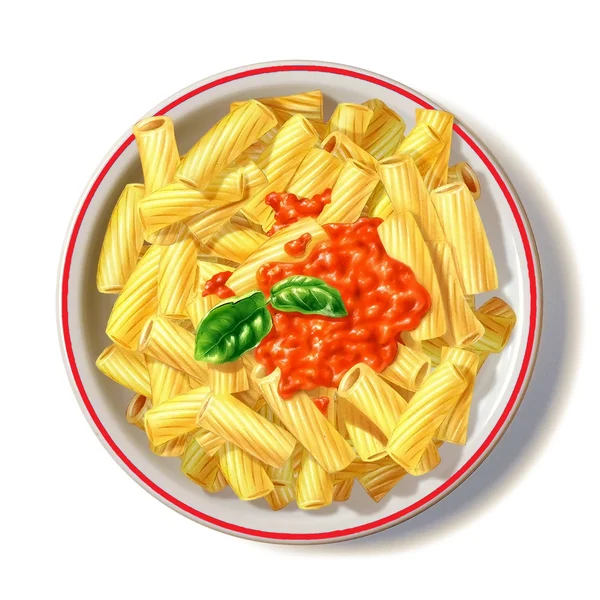 Macaroni plate with tomato sauce and basil, viewed from top. — Stock Photo, Image