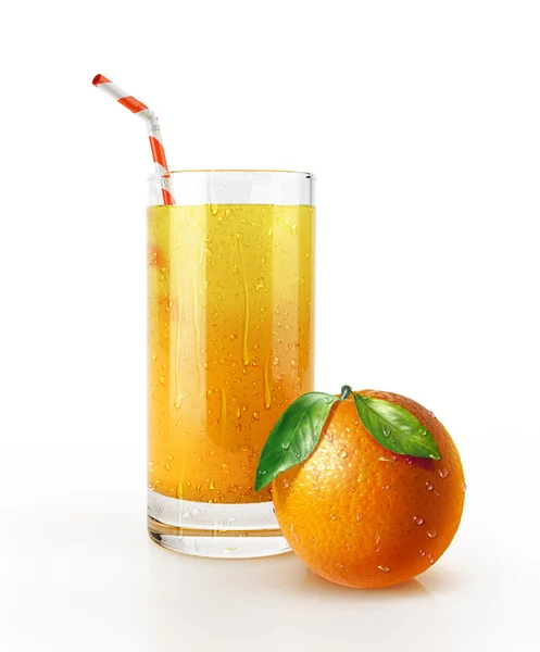 Orange juice glass with straw and a fruit on the floor. — Stock Photo, Image